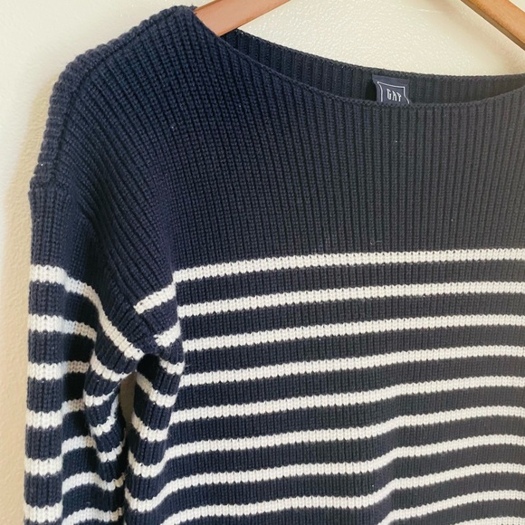 GAP S Navy Blue White Striped Merino Wool Blend Coastal Grandma Knit Sweater - Picture 2 of 8